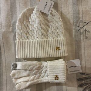 Coach White Cable Knit Beanie